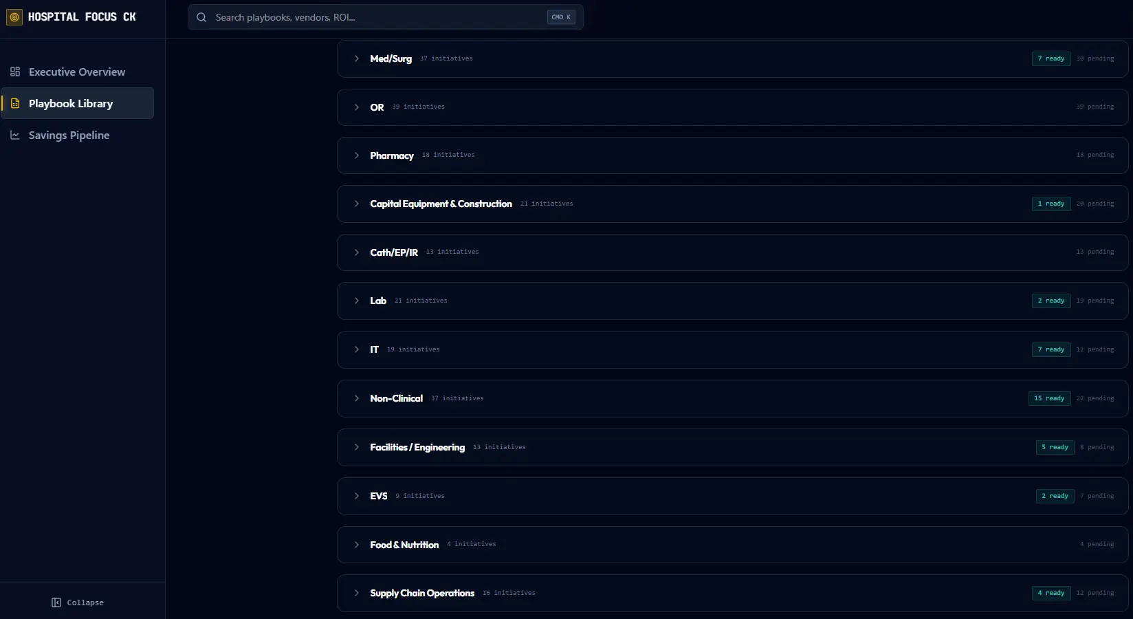 Playbook Library — accordion list of categories with initiative counts and ready status badges